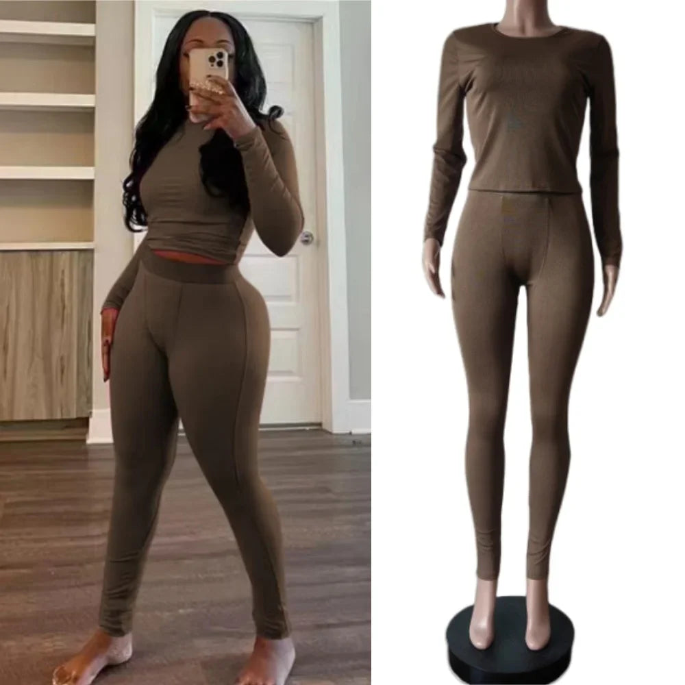 New Ribbing 2 Piece Sets Women Outfit Solid Long Sleeve Crop Top + High Waist Leggings Suits Sportswear - GilloServ