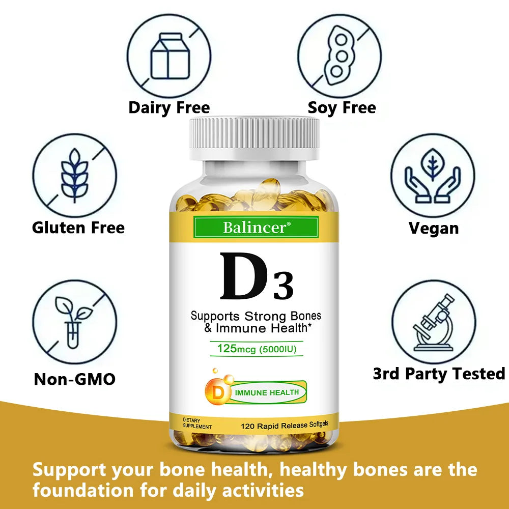 Balincer Vitamin D3 5000 IU (125 Mcg), Dietary Supplement for Bone, Teeth, Muscle and Immune Health Support, 30/60/120 Softgels - GilloServ