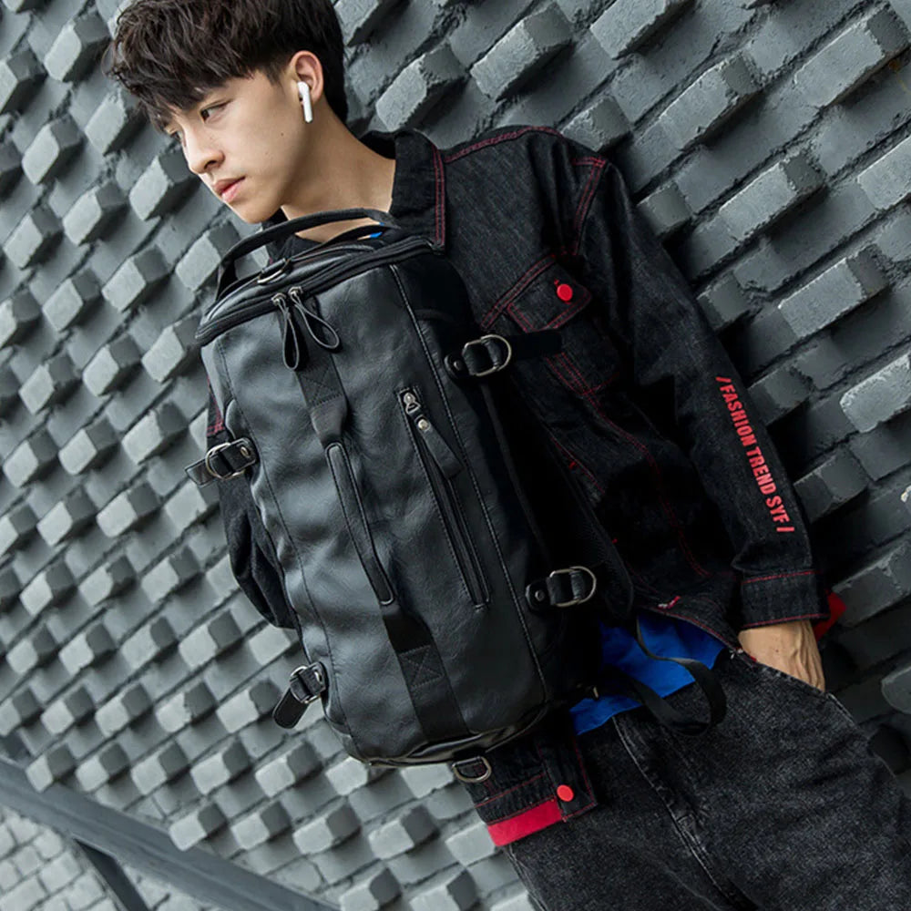 Men Leather Bucket Backpack Multifunctional Travel Bag Large Capacity - GilloServ