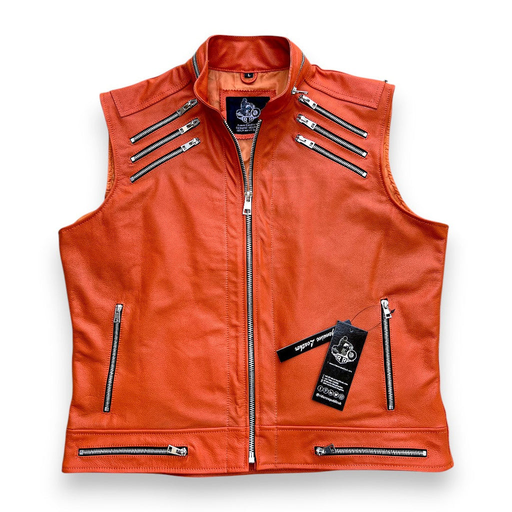 Men's Orange Zipper Leather Vest – Punk Style-2