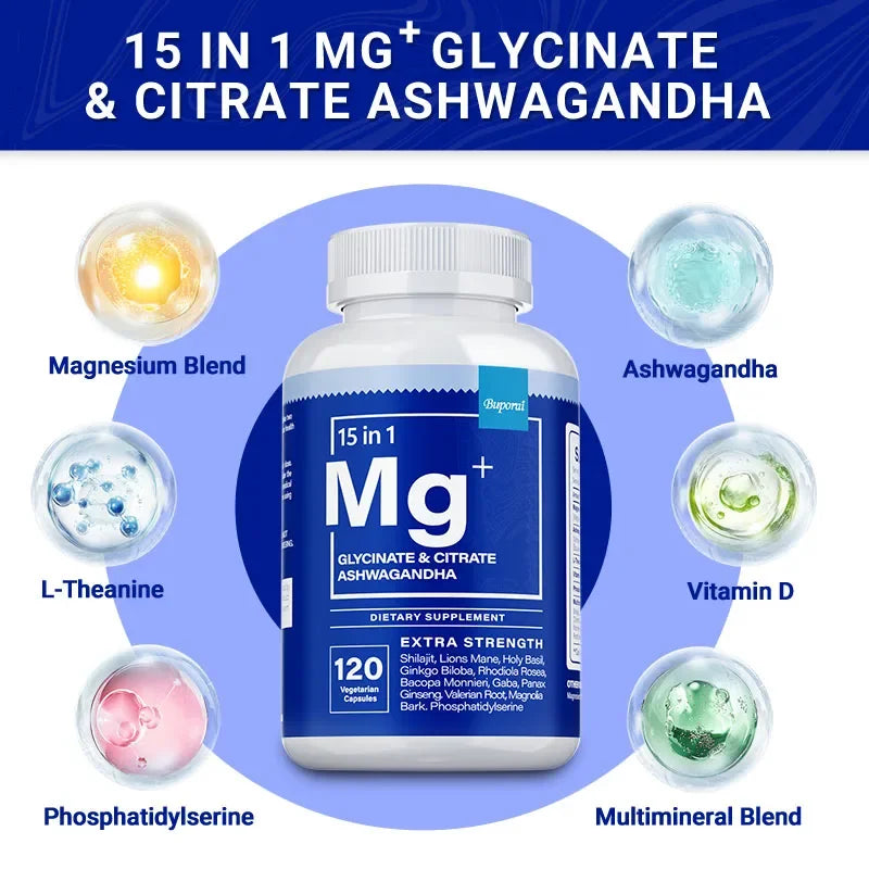 Magnesium + Ashwagandha Supplement - with Magnesium Citrate, Reduce Stress,Promote Adrenal Health, for Sleep,Heart & Bone Health - GilloServ