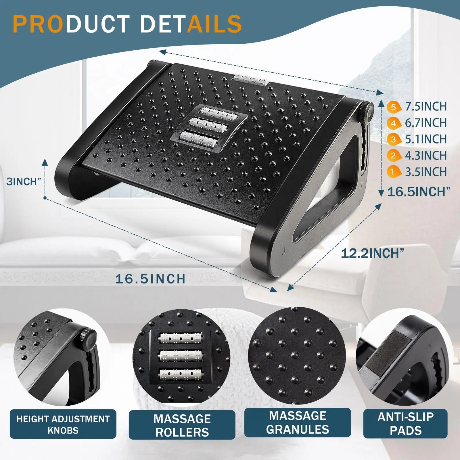 Under Desk Footrest Ergonomic with Massage Rollers Desk - GilloServ