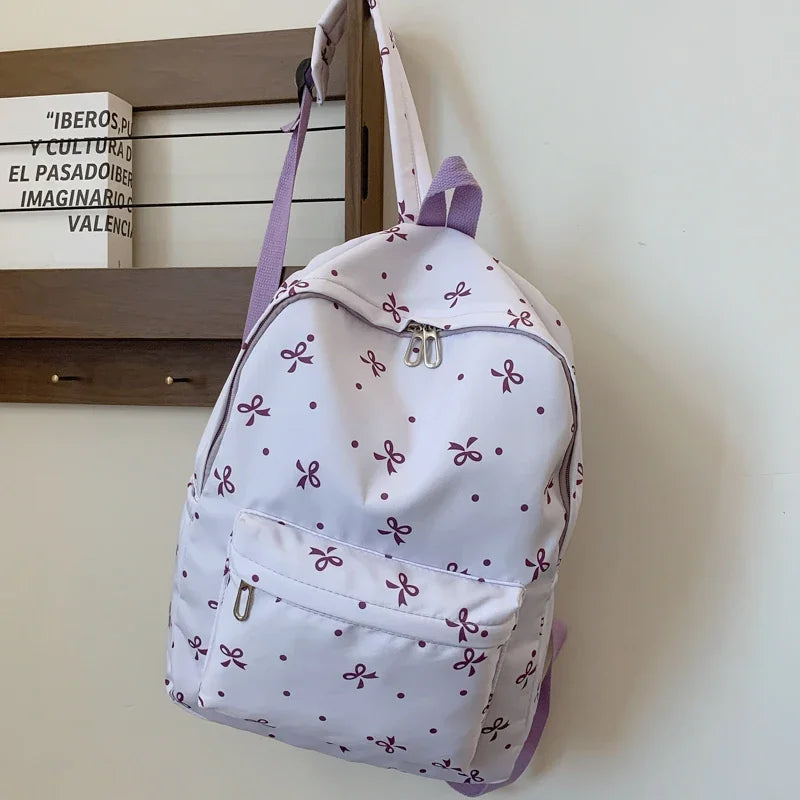 For Women Campus Life Back To School Backpack Playful Bow Print Bookbag Quilted Comfort Multi Pocket Organization System - GilloServ