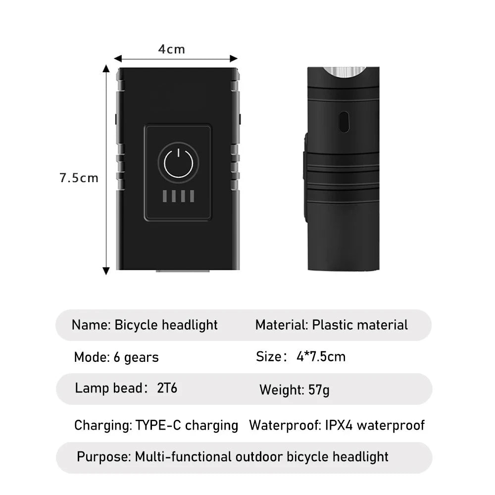 LED Bicycle Front Light Type-C Rechargeable Bicycle Headlight MTB Road Bike Headlamp Easy to Install Cycling Accessories - GilloServ