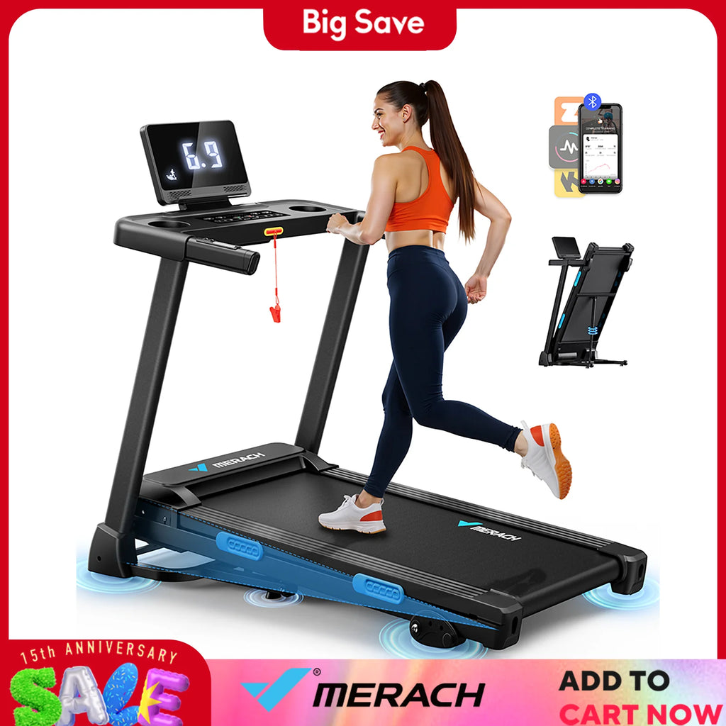 MERACH Foldable Treadmill T12 Incline Quiet Treadmills Double Deck Technology 4 Silicone Shock Cushion Heart Rate Monitoring - GilloServ