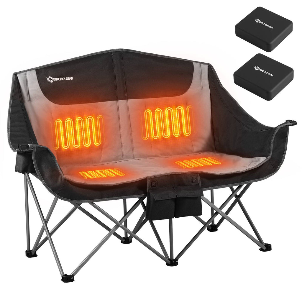 Heated Double Camping Chair, 2-Person Folding Chair Heated Portable Loveseat Chair - GilloServ