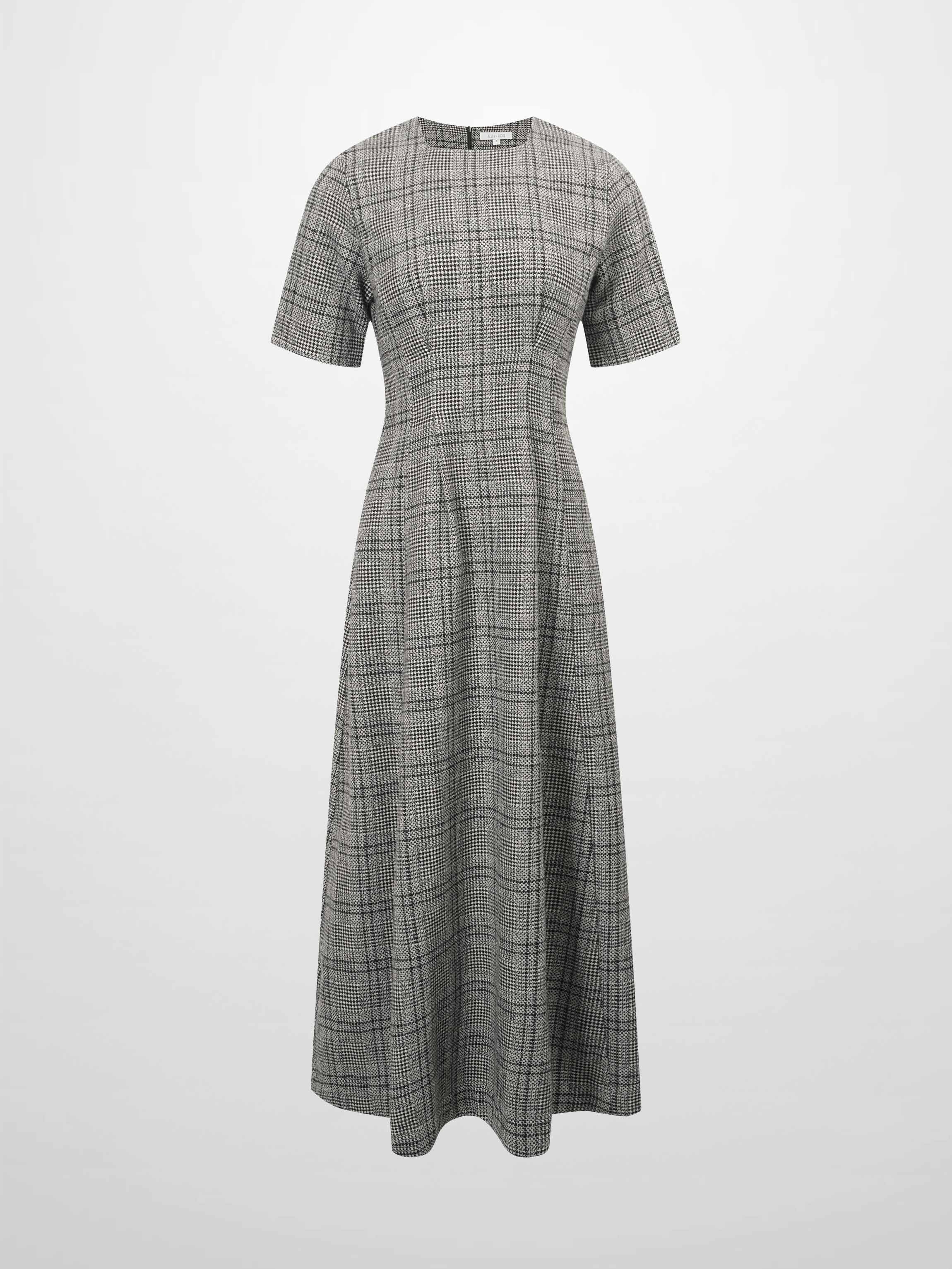 Front Pleat Square Neck Dress-Black/White Plaid-1