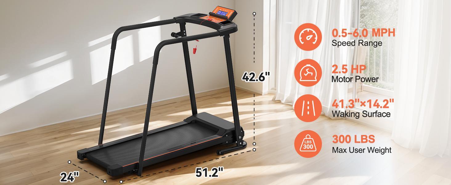 Elderly Rehabilitation Treadmill With Long Armrests LCD Display 300 Lbs Weight Capacity 3 Control Modes Cup Holder 0.5 To 7.5 MPH Speed Safety Key Easy-Move Wheels - GilloServ