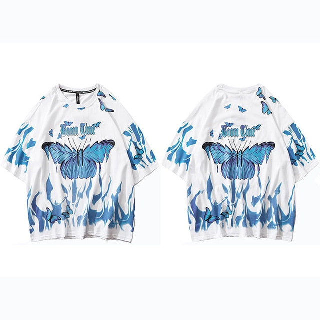 Mens Hip Hop T Shirts Blue Fire Flame Butterfly Streetwear