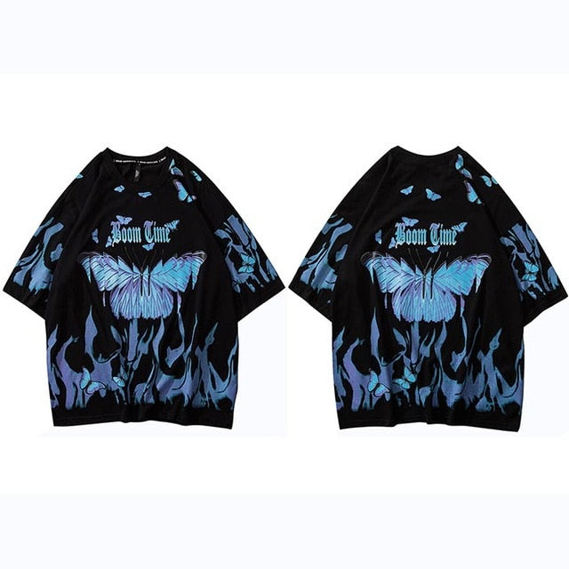 Mens Hip Hop T Shirts Blue Fire Flame Butterfly Streetwear