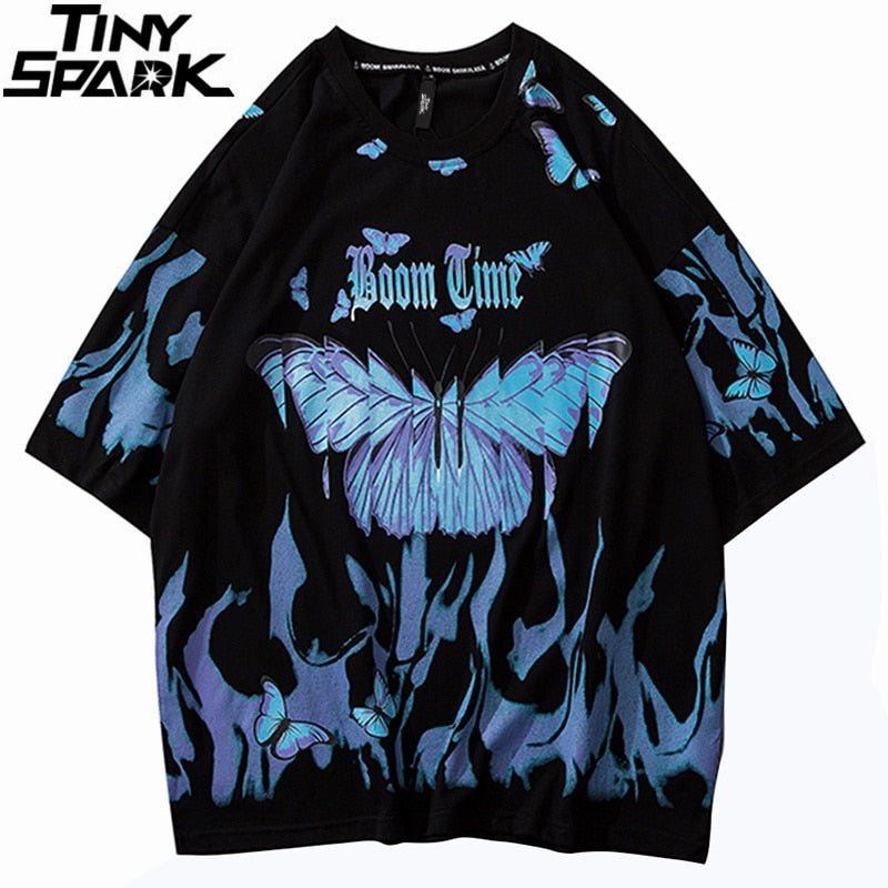 Mens Hip Hop T Shirts Blue Fire Flame Butterfly Streetwear