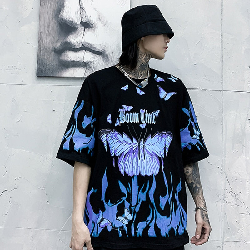 Mens Hip Hop T Shirts Blue Fire Flame Butterfly Streetwear
