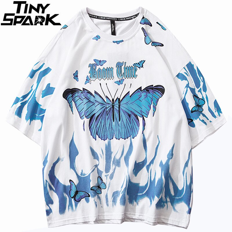Mens Hip Hop T Shirts Blue Fire Flame Butterfly Streetwear