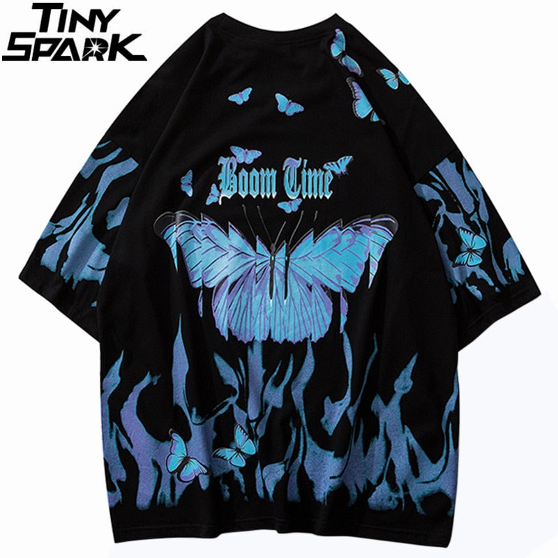 Mens Hip Hop T Shirts Blue Fire Flame Butterfly Streetwear