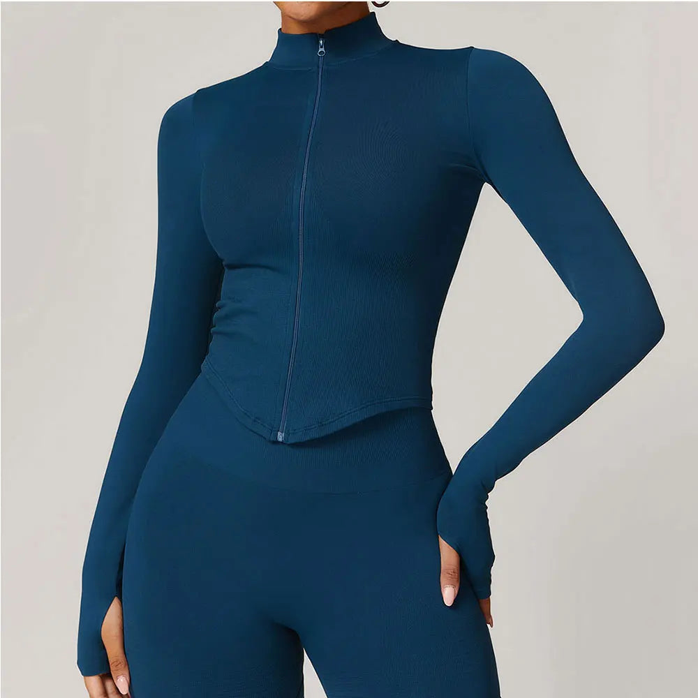Zipper Women Crop Tops Yoga T-shirts Solid // Long Sleeve Running Shirts Sexy Quick Dry Fitness Jacket Gym Sport Wear - GilloServ