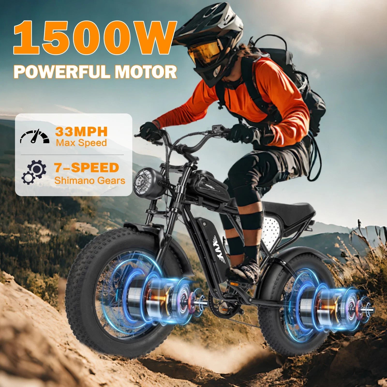 Electric Bike for Adults 1500W 33MPH 48V 20Ah Removable Battery 20" All Terrain for Mountains Sand - GilloServ