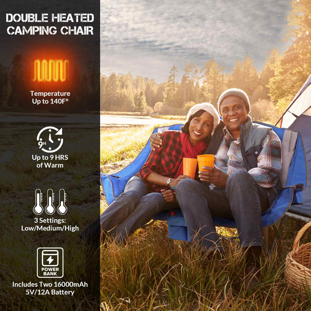 Heated Double Camping Chair, 2-Person Folding Chair Heated Portable Loveseat Chair - GilloServ
