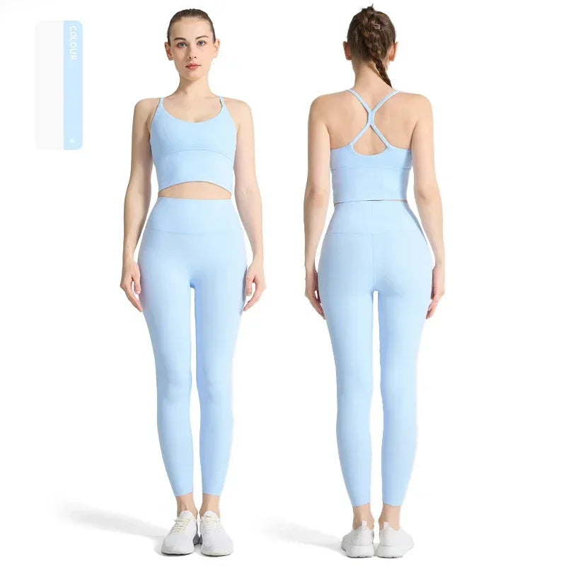 2-piece Yoga Suit Women Sportswear Fitness Set Cross back Yoga Tops - GilloServ