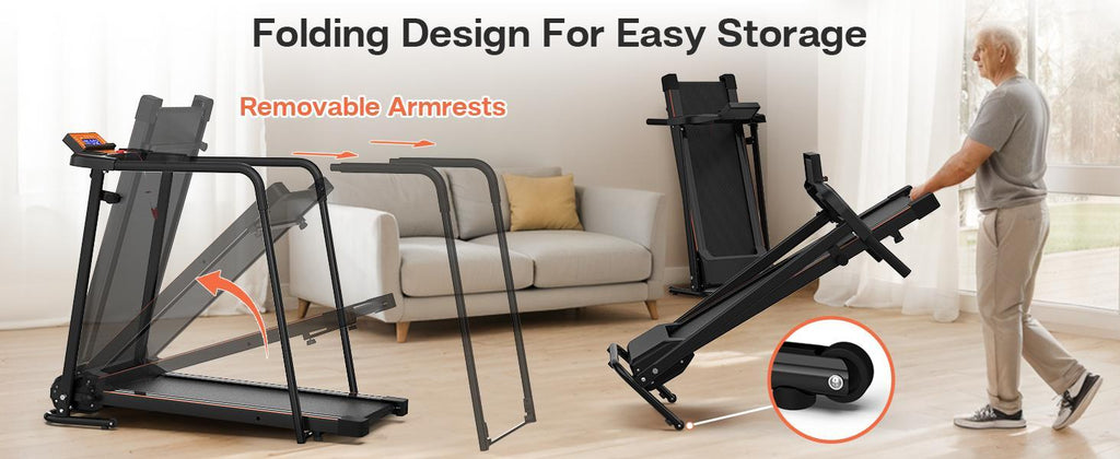 Elderly Rehabilitation Treadmill With Long Armrests LCD Display 300 Lbs Weight Capacity 3 Control Modes Cup Holder 0.5 To 7.5 MPH Speed Safety Key Easy-Move Wheels - GilloServ