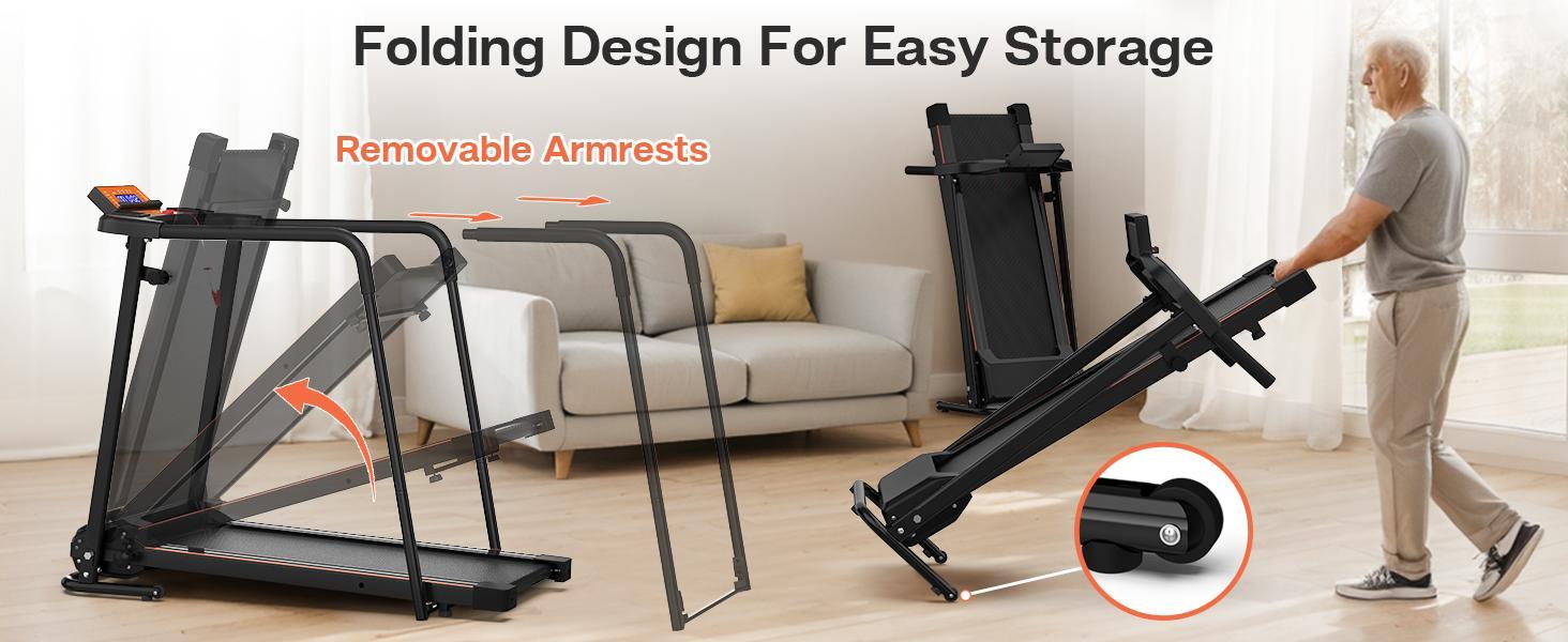 Elderly Rehabilitation Treadmill With Long Armrests LCD Display 300 Lbs Weight Capacity 3 Control Modes Cup Holder 0.5 To 7.5 MPH Speed Safety Key Easy-Move Wheels - GilloServ