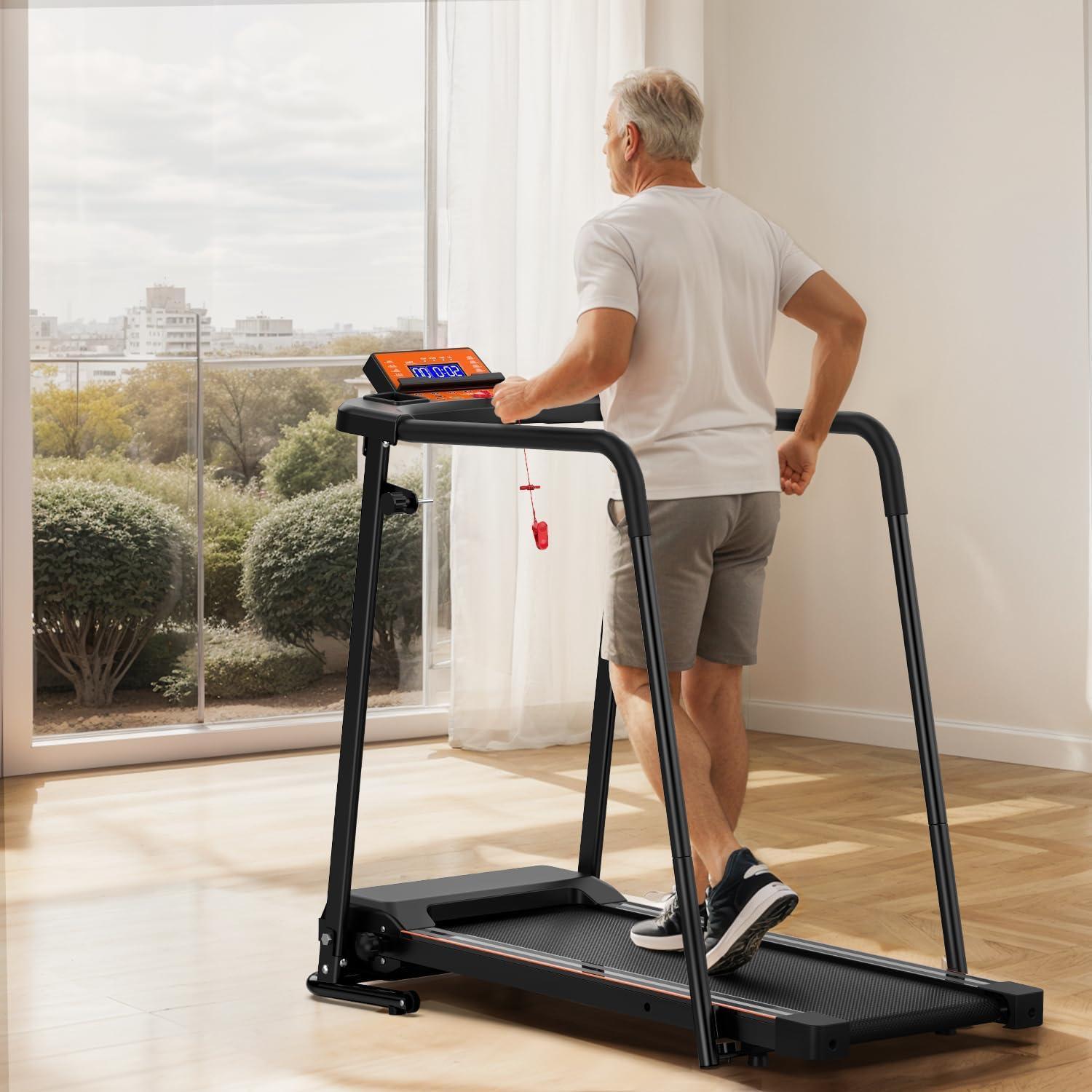Elderly Rehabilitation Treadmill With Long Armrests LCD Display 300 Lbs Weight Capacity 3 Control Modes Cup Holder 0.5 To 7.5 MPH Speed Safety Key Easy-Move Wheels - GilloServ