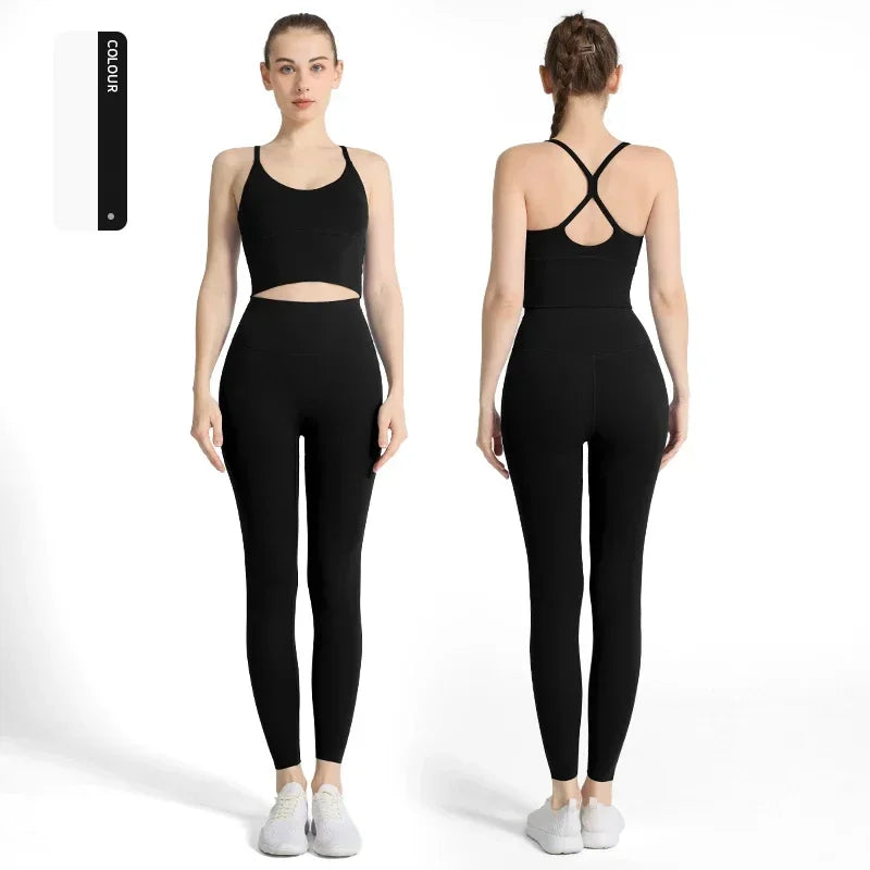 2-piece Yoga Suit Women Sportswear Fitness Set Cross back Yoga Tops - GilloServ