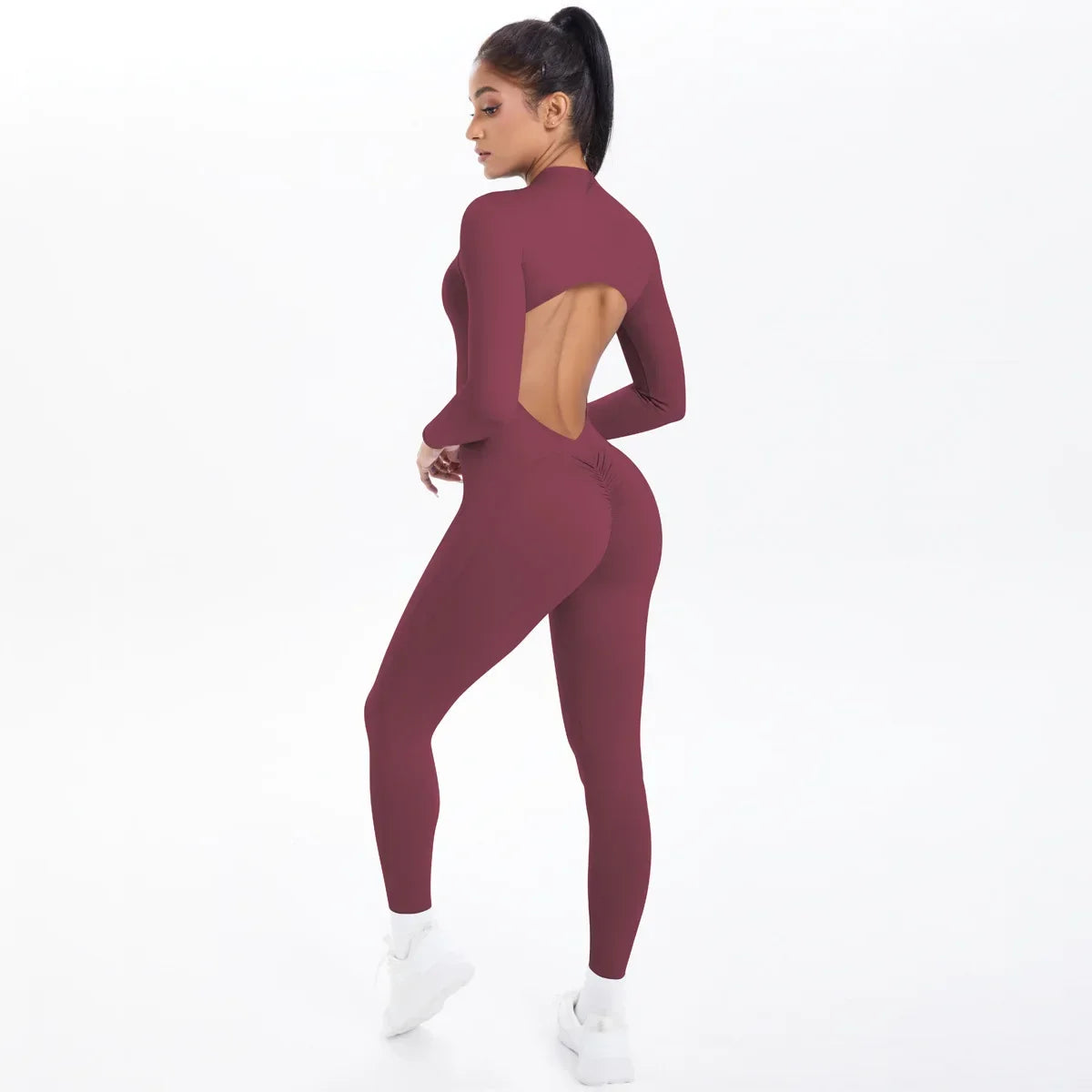 Women's Yoga Bodysuit Half Zip Front Open Back Butt Lift - GilloServ