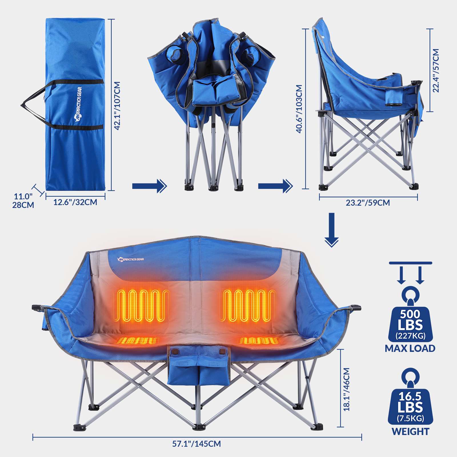 Heated Double Camping Chair, 2-Person Folding Chair Heated Portable Loveseat Chair - GilloServ