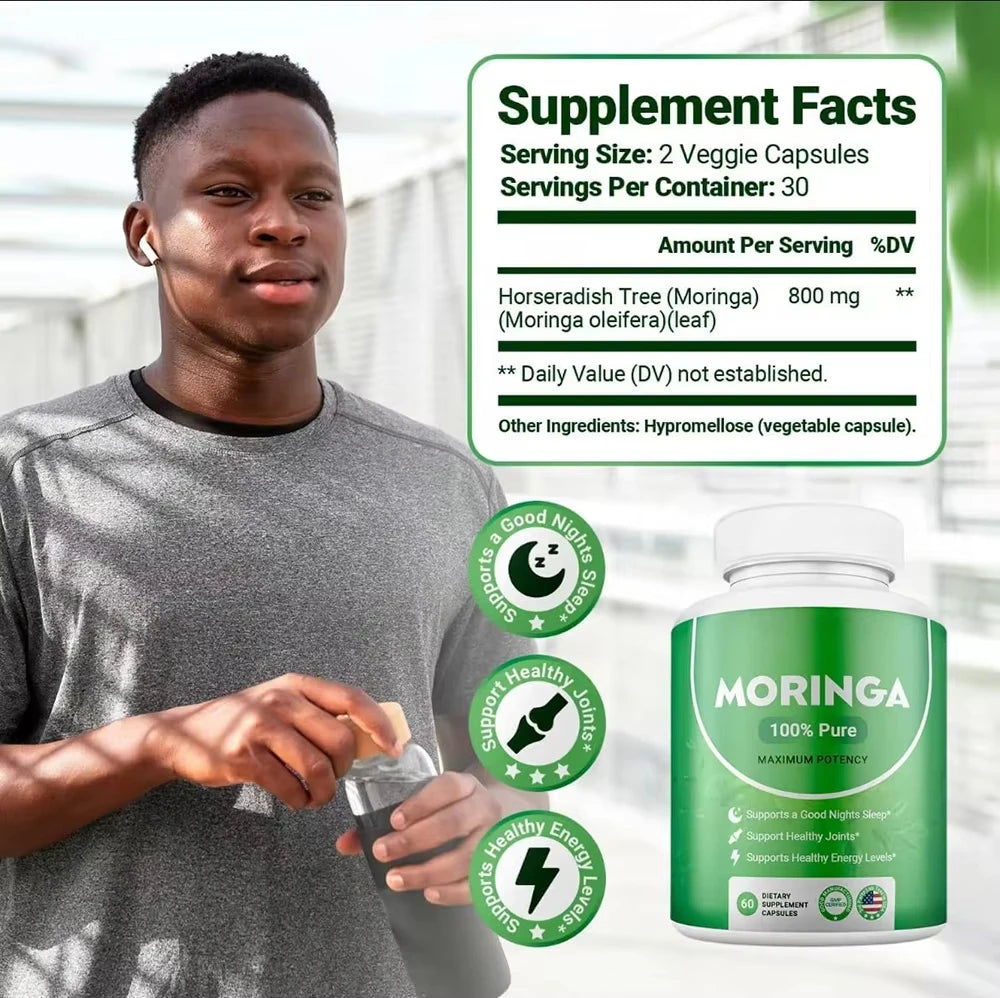 Moringa Capsules Supplement Support Sleep Well, Energy, Joints, Immune & Gut Health, Rich in Antioxidants, Vitamins & Amino Acid - GilloServ