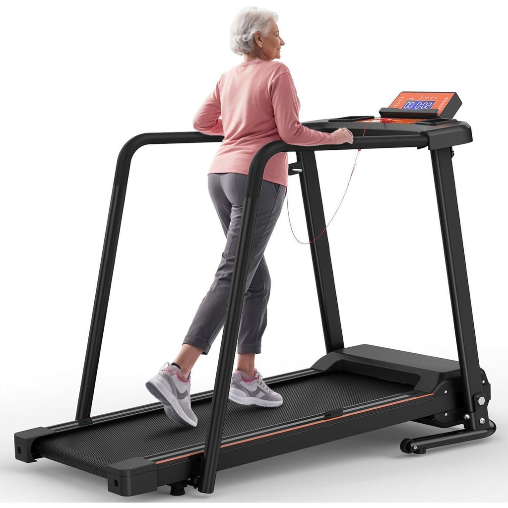 Elderly Rehabilitation Treadmill With Long Armrests LCD Display 300 Lbs Weight Capacity 3 Control Modes Cup Holder 0.5 To 7.5 MPH Speed Safety Key Easy-Move Wheels - GilloServ