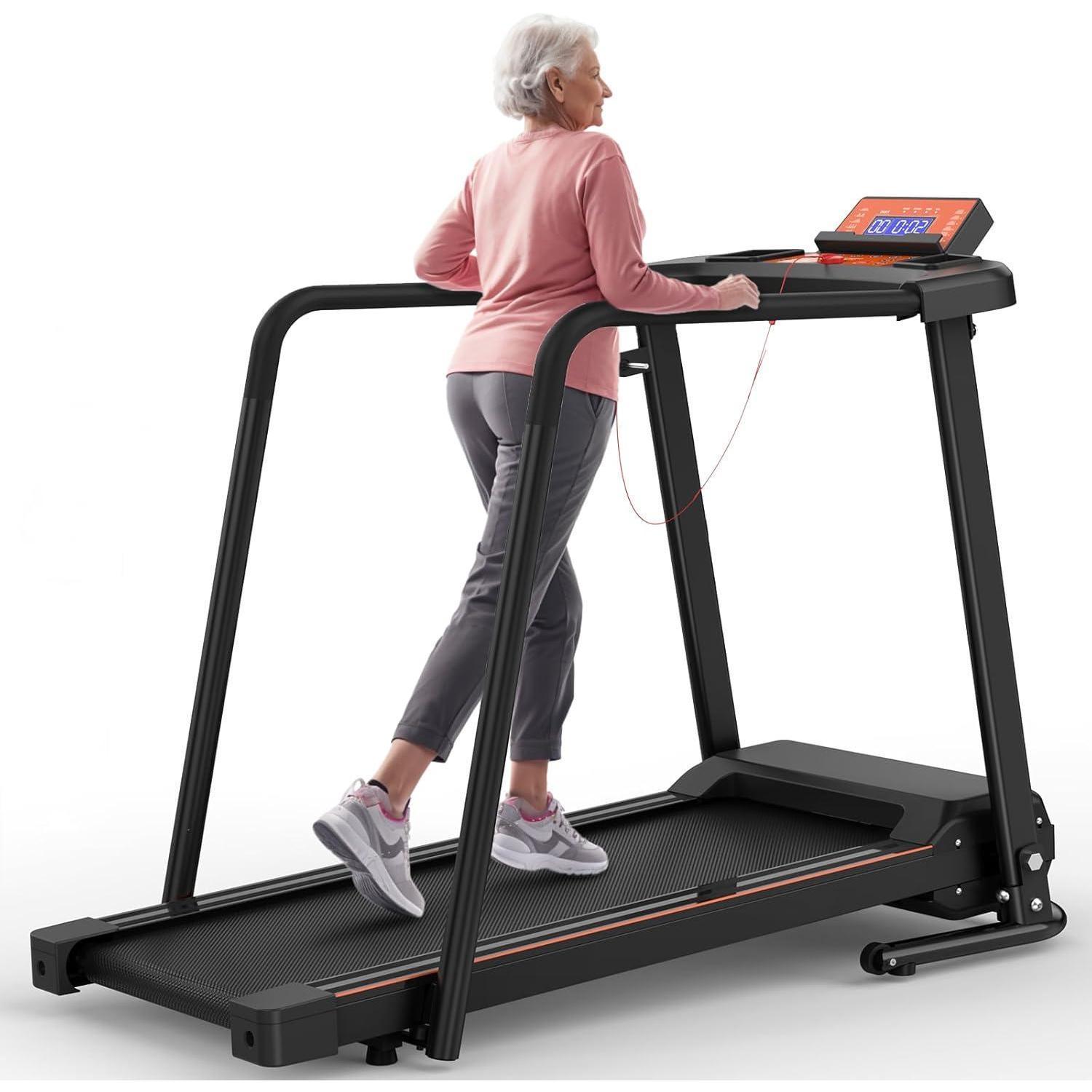 Elderly Rehabilitation Treadmill With Long Armrests LCD Display 300 Lbs Weight Capacity 3 Control Modes Cup Holder 0.5 To 7.5 MPH Speed Safety Key Easy-Move Wheels - GilloServ