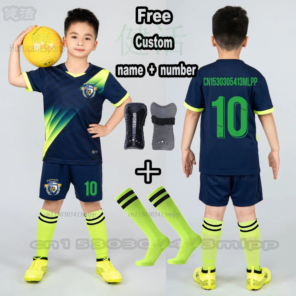 Boys Football Jersey Sets+Socks+Shin Pads Child Soccer Sports - GilloServ