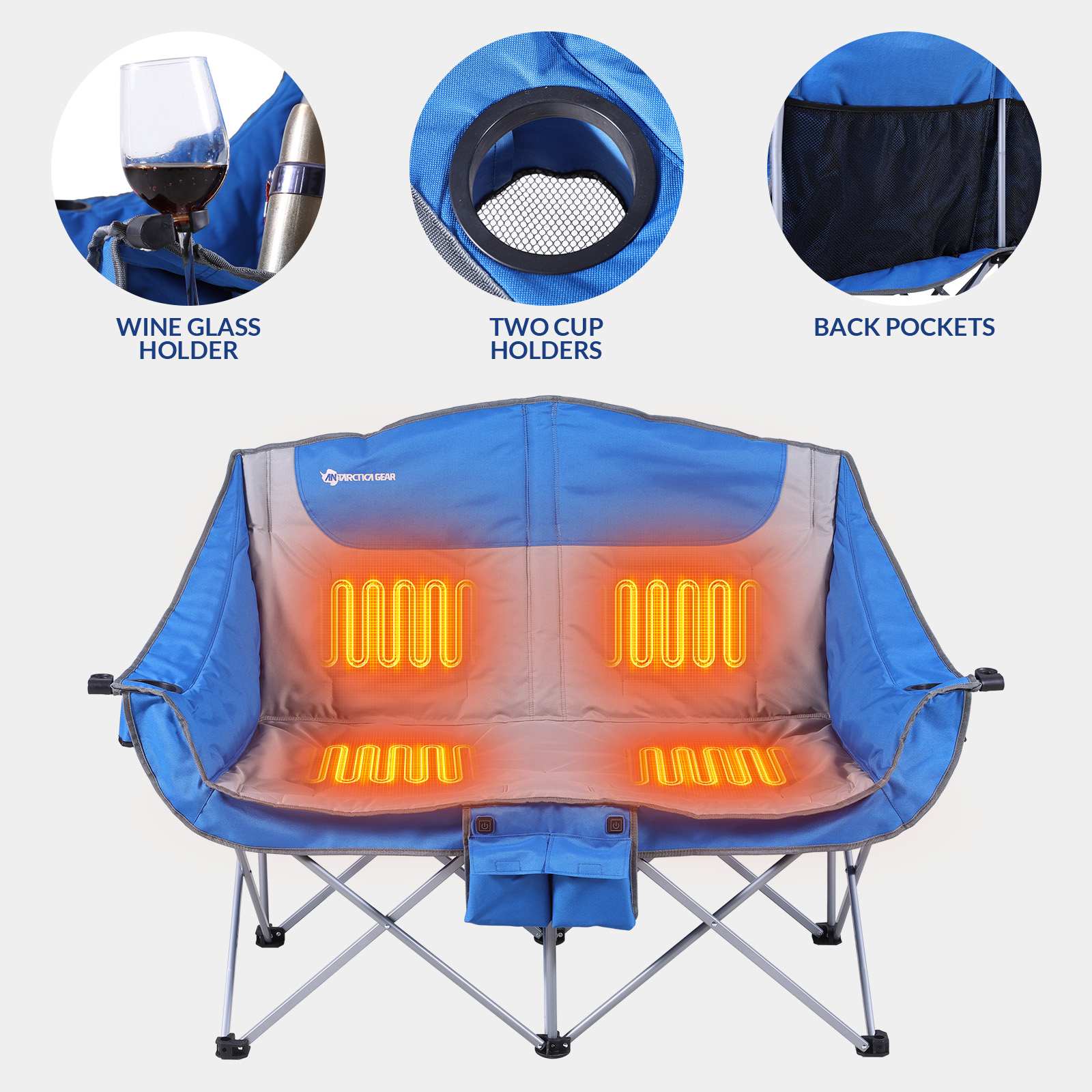 Heated Double Camping Chair, 2-Person Folding Chair Heated Portable Loveseat Chair - GilloServ
