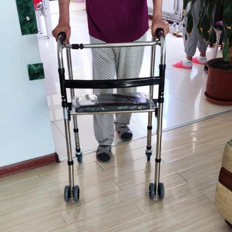 ‌Elderly Walker with Seat, 4-Wheel Mobility Rollator, Adjustable Walking Aid Cane - GilloServ