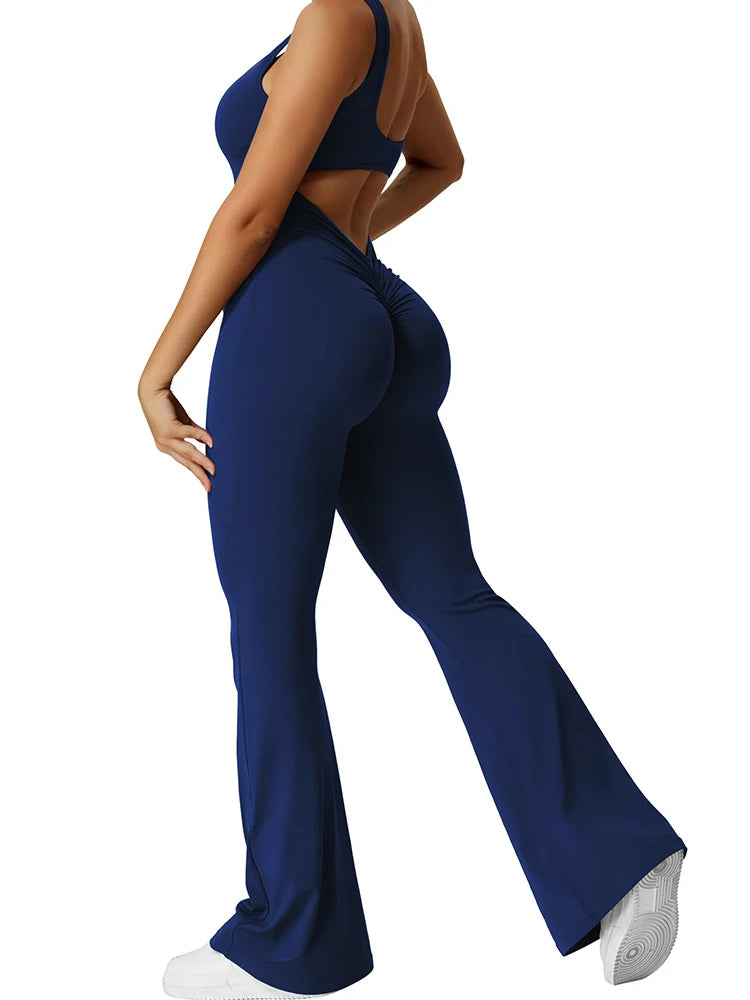 Summer New Women's Slim Hip Lifting Jumpsuit U Neck Sexy Hottie Backless Sleeveless Flared Pants Sports Yoga Wear - GilloServ