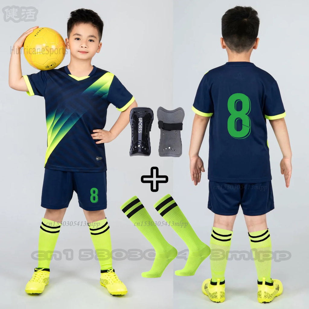 Boys Football Jersey Sets+Socks+Shin Pads Child Soccer Sports - GilloServ
