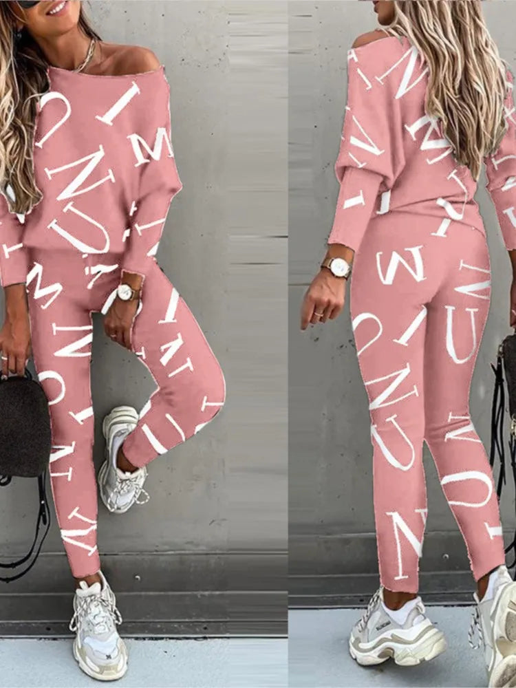 2-piece Set Of Women's Fashion Letter Print Sexy Off-shoulder Leggings Trousers Autumn New Casual Comfortable Sportswear - GilloServ