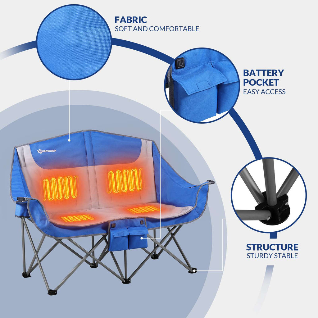 Heated Double Camping Chair, 2-Person Folding Chair Heated Portable Loveseat Chair - GilloServ