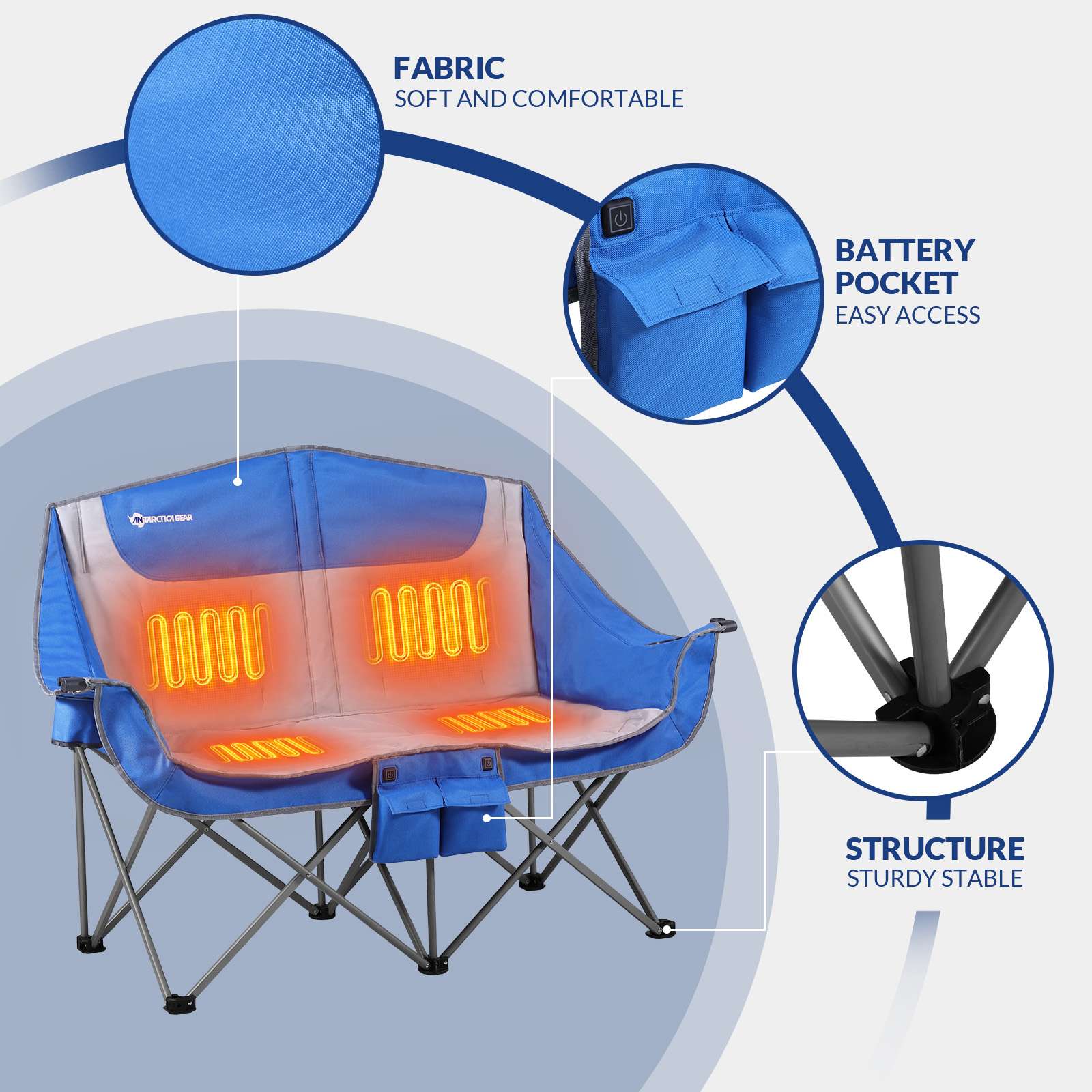 Heated Double Camping Chair, 2-Person Folding Chair Heated Portable Loveseat Chair - GilloServ