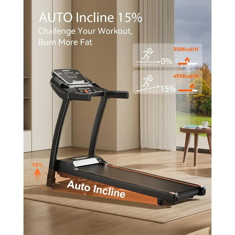 Treadmill with Incline, Treadmills for Home, 0-15% Auto Incline, 3.0HP Folding Treadmills for Running Walking - GilloServ