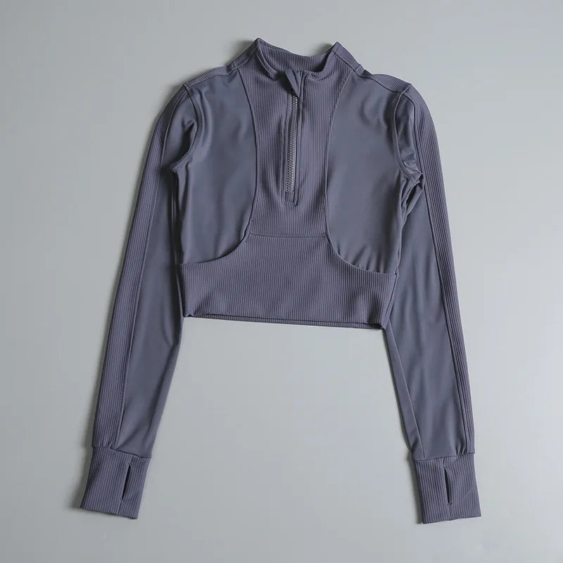 Women Cropped Sports Jacket Half Zipper High Collar Tight Yoga Activewear - GilloServ