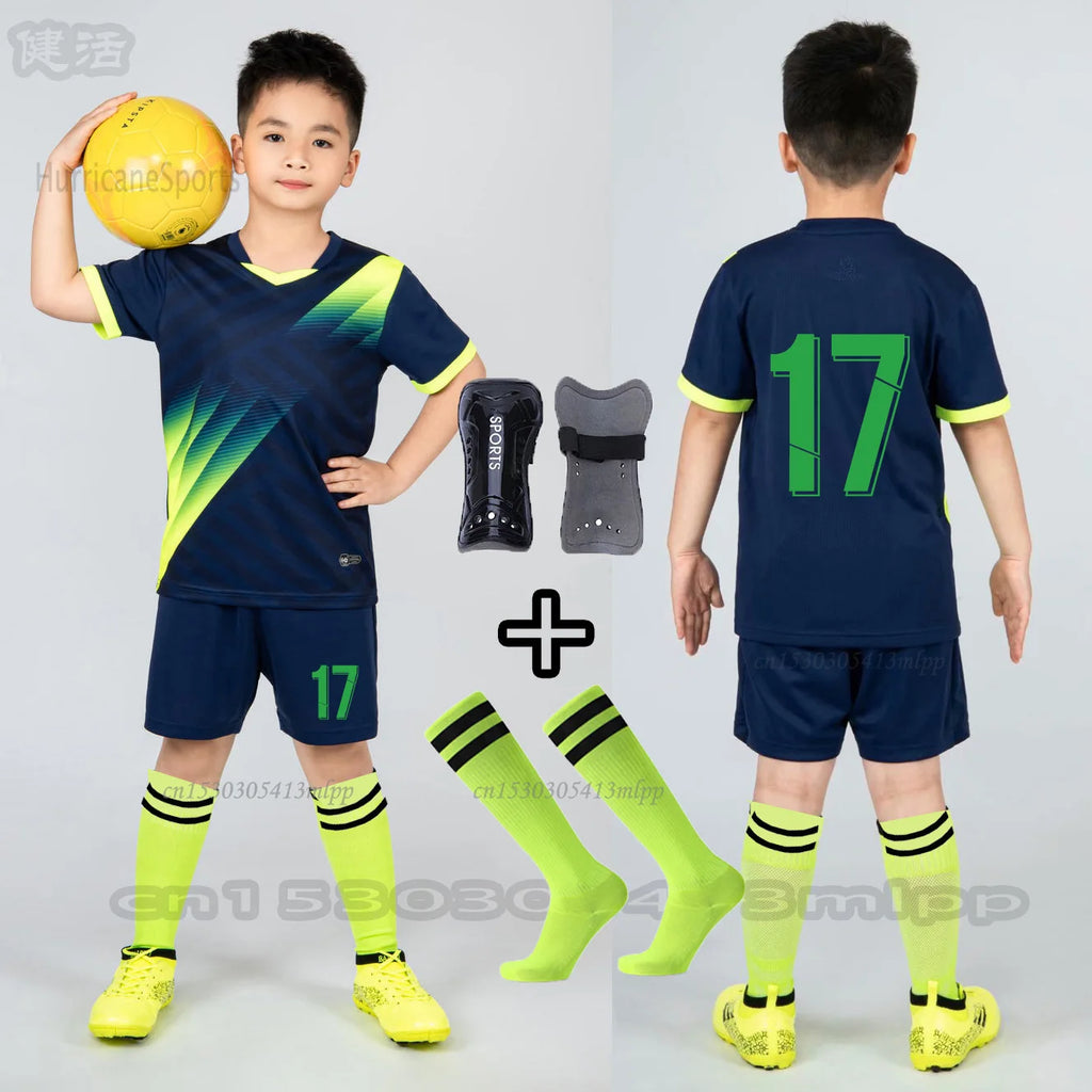 Boys Football Jersey Sets+Socks+Shin Pads Child Soccer Sports - GilloServ