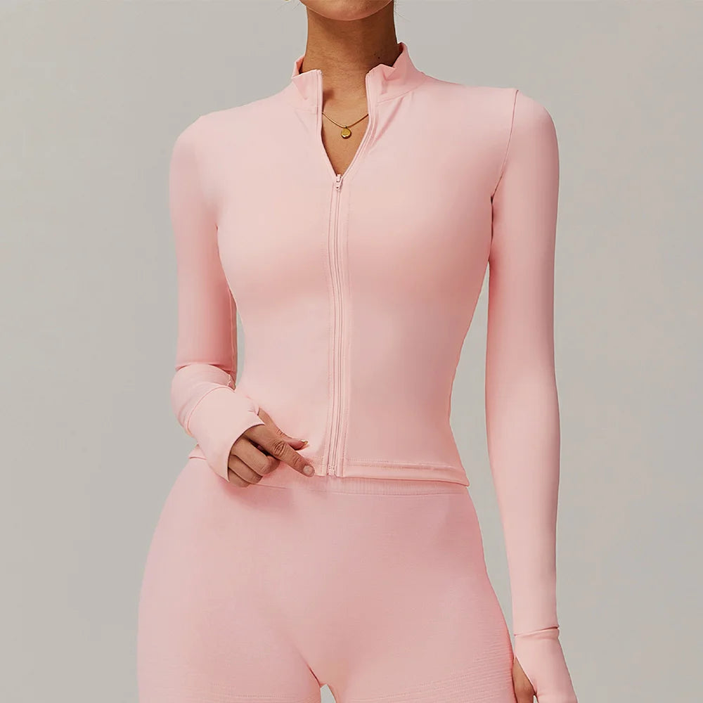 Women Zipper Jacket Yoga T-shirts Solid Sports Top// Long Sleeve Crop Tops Running Shirts Sexy Quick Dry Fitness Gym Sport Wear - GilloServ