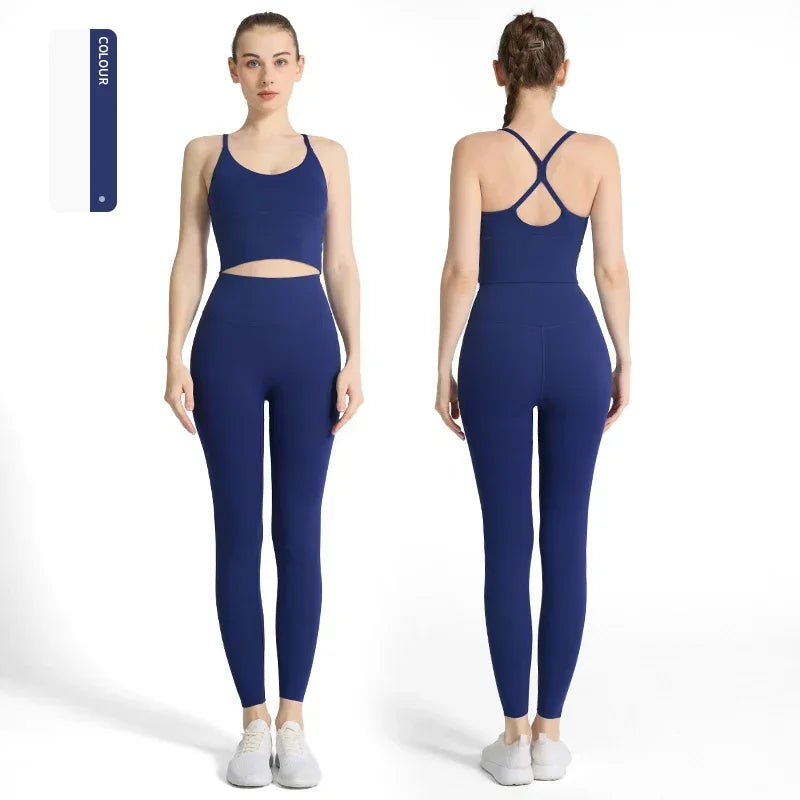 2-piece Yoga Suit Women Sportswear Fitness Set Cross back Yoga Tops - GilloServ