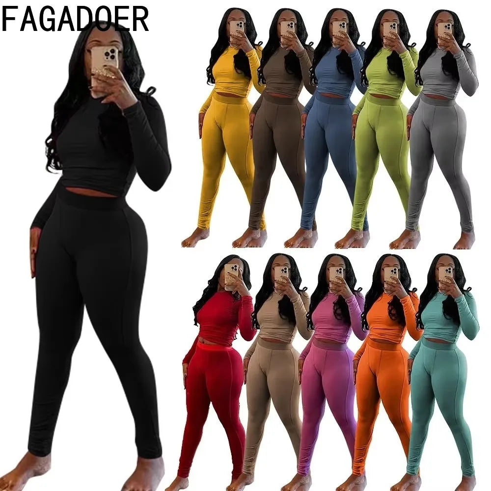 New Ribbing 2 Piece Sets Women Outfit Solid Long Sleeve Crop Top + High Waist Leggings Suits Sportswear - GilloServ