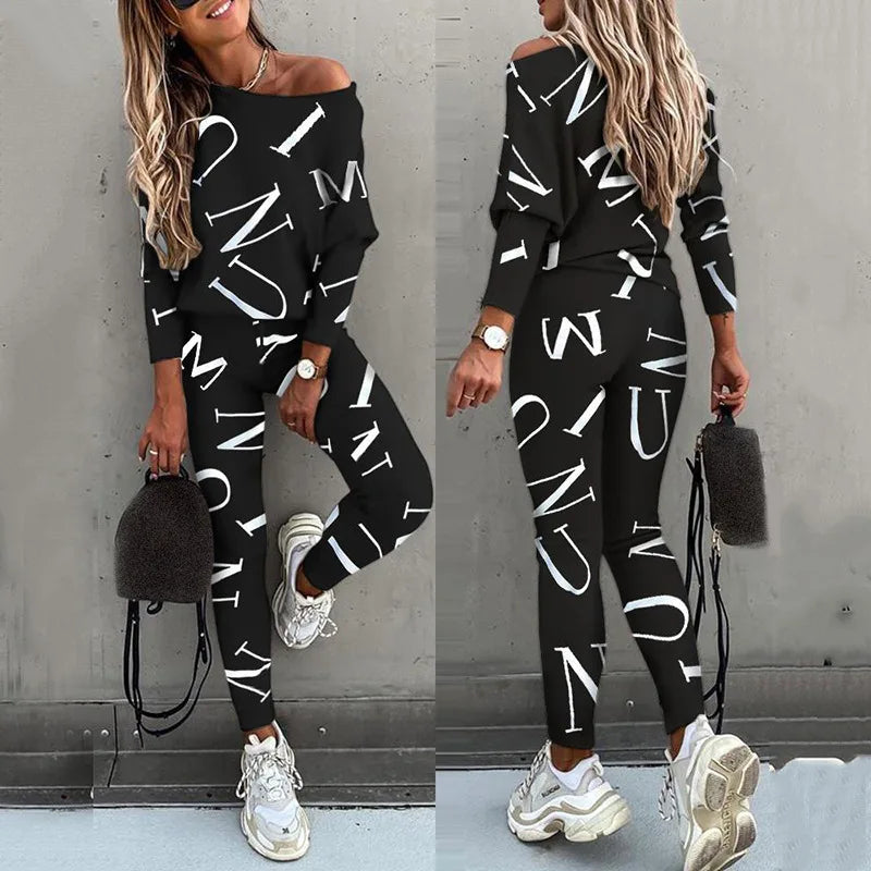 2-piece Set Of Women's Fashion Letter Print Sexy Off-shoulder Leggings Trousers Autumn New Casual Comfortable Sportswear - GilloServ