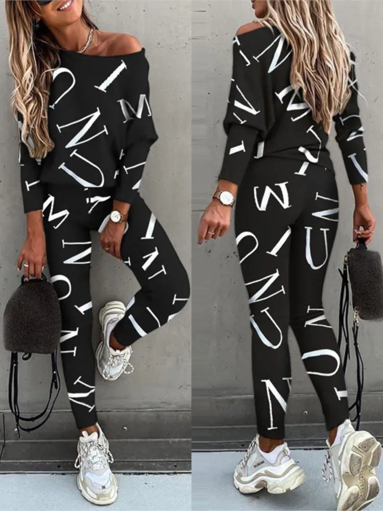 2-piece Set Of Women's Fashion Letter Print Sexy Off-shoulder Leggings Trousers Autumn New Casual Comfortable Sportswear - GilloServ