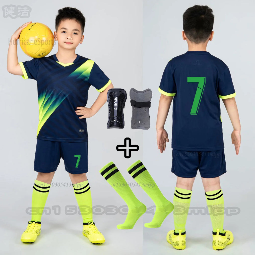 Boys Football Jersey Sets+Socks+Shin Pads Child Soccer Sports - GilloServ