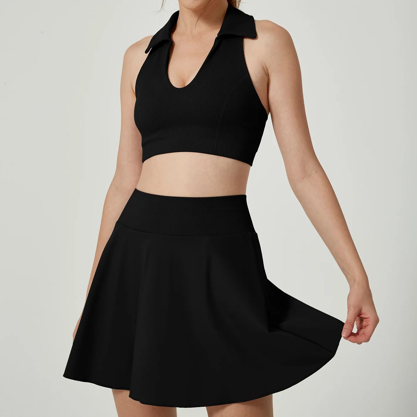 2PCS Yoga Set Gym Set Women Tracksuit Lapel Vest Sports Short Skirt Workout Fitness Set Breathable Yoga Nude Tennis Clothes - GilloServ