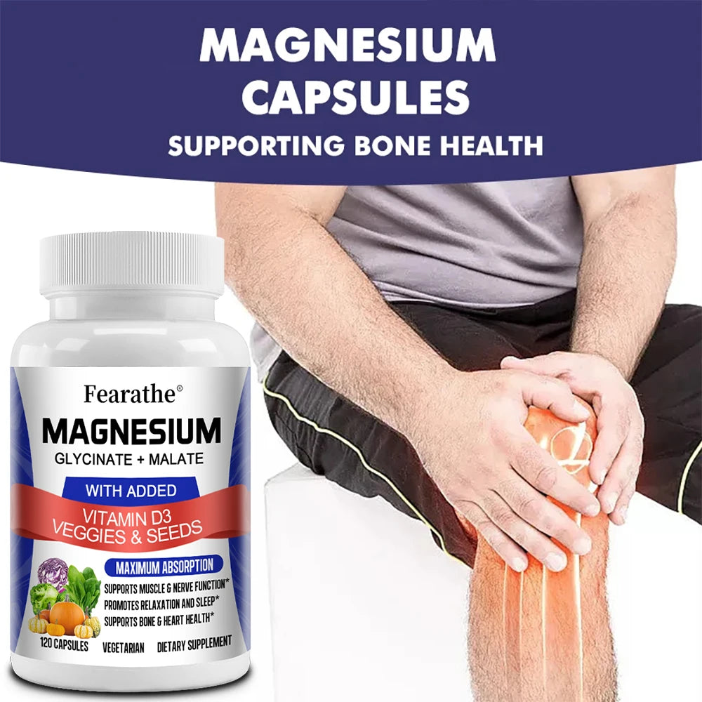 Magnesium Glycinate & Malate Complex, Vitamin D3, Max Absorption - for Bone Heart Sleep Nerve Muscle 120 Veggie Capsules - GilloServ